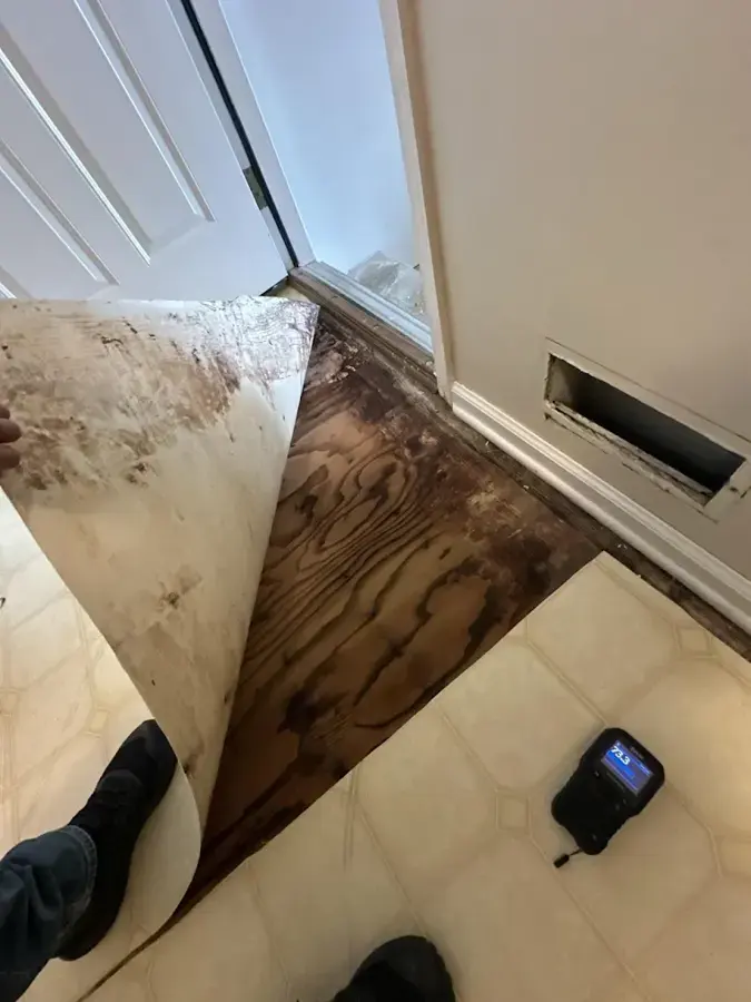 Water-damaged flooring pulled back with a moisture meter beside it