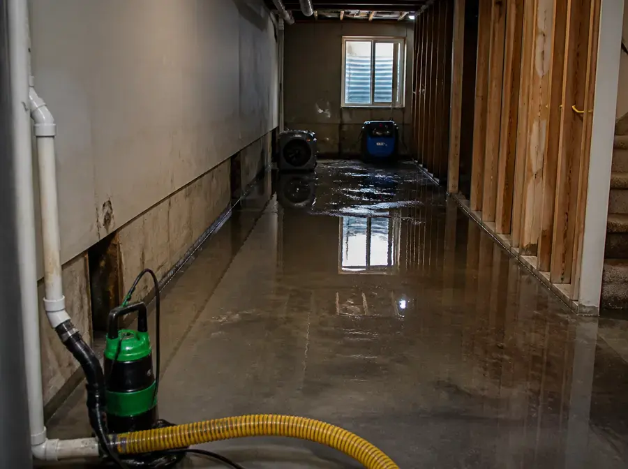 Pump and discharge hose working in a basement hallway still covered in standing water
